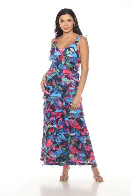 Multi Colored sleeveless ruffle printed Tango Mango maxi dress – Tango Mango  Canada